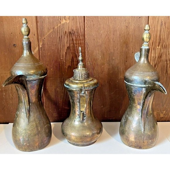Brass Islamic Dallah Arabic Coffee Pots Middle Eastern India Set Of 3 - Picture 3 of 16